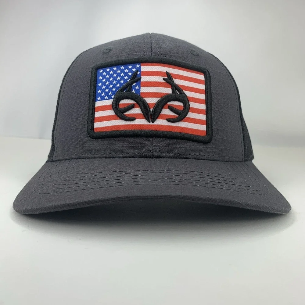 Realtree US Flag Hat Gray Adjustable Snapback Black Mesh Outdoor Cap Antler Logo